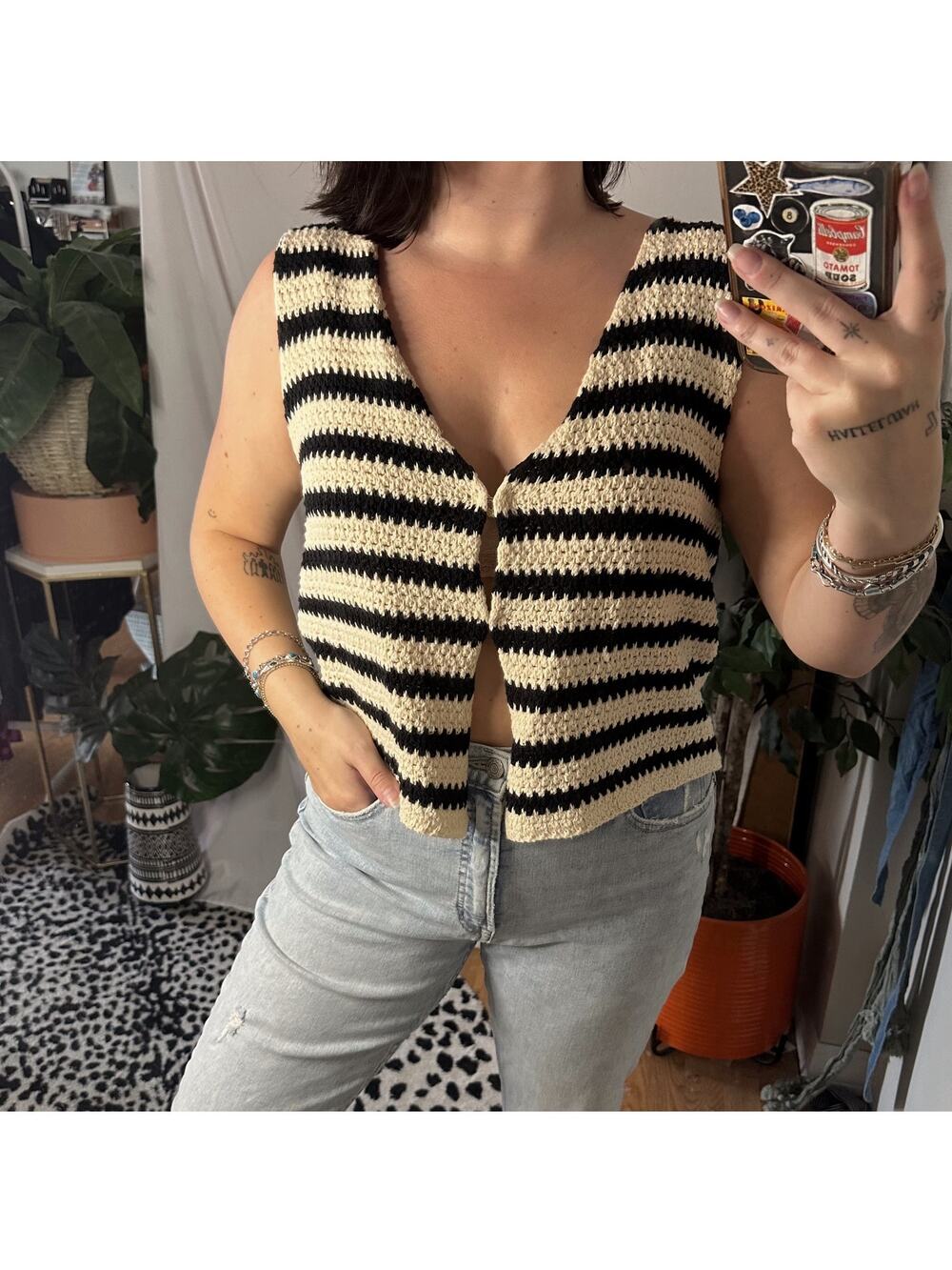 Isalis Crochet Knit Vest Top Cream Black Stripe Size Large